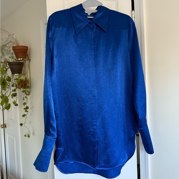 COS Oversized Satin Crinkled Texture Long Sleeve Blouse in Royal Cobalt Blue - Picture 2 of 8